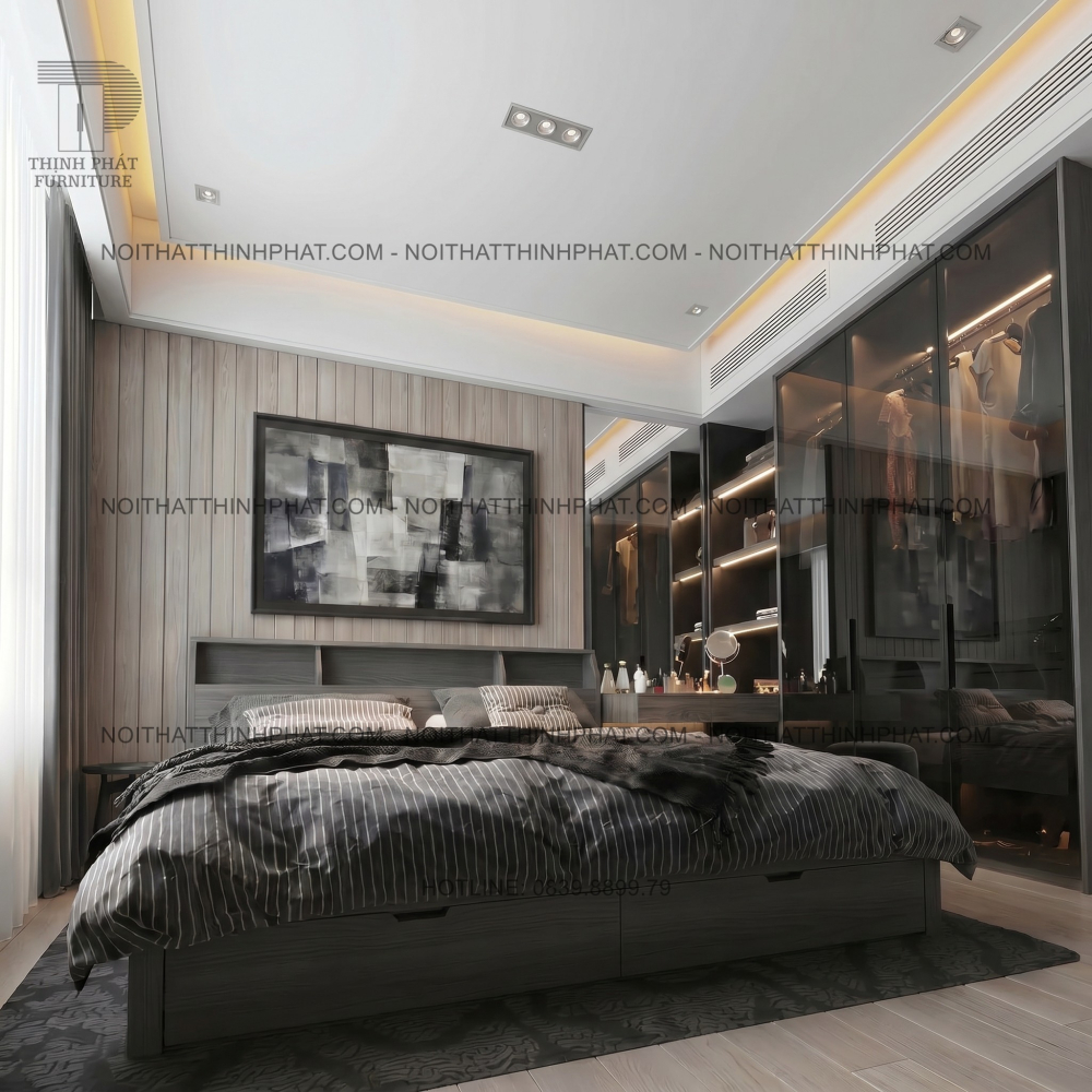 Combo Phòng Ngủ Hiện Đại Tone Xám Gỗ Sang Trọng Có Tủ Cánh Kính Khung Nhôm - PN04